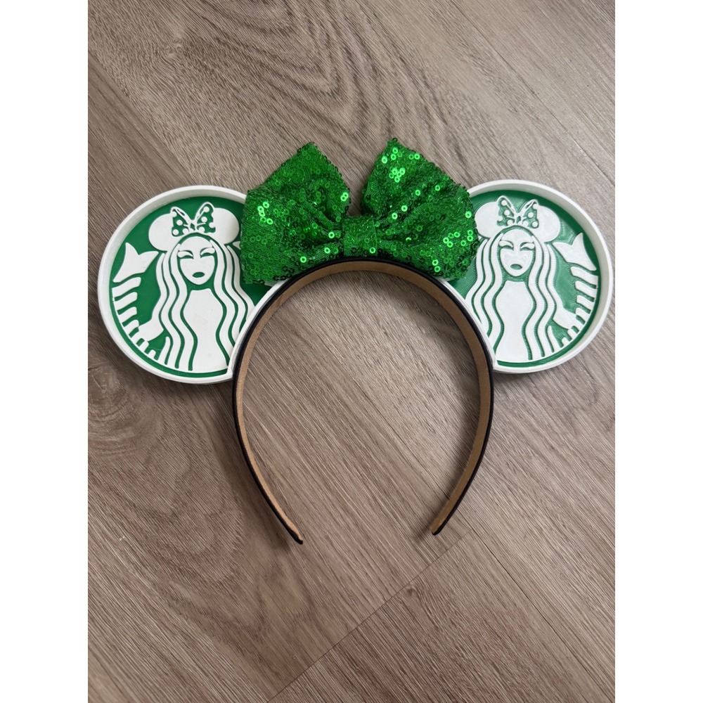 Custom Coffee Siren Mouse Ears Green Sequin Bow 3D Printed Headband Accessory